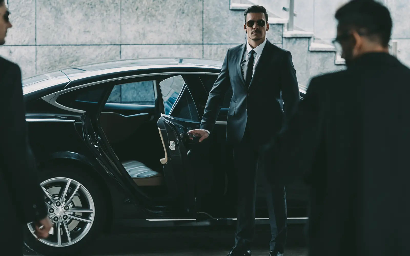 VIP chauffeur and close-protection service by Secure Standards GmbH – security officer opening a limousine door in Frankfurt